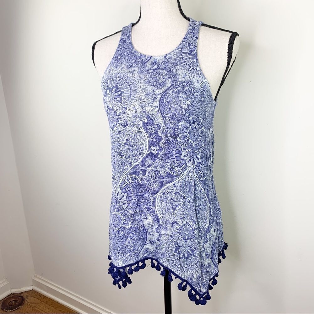 Eyeshadow Blue and White Paisley Tank Pom Fringe